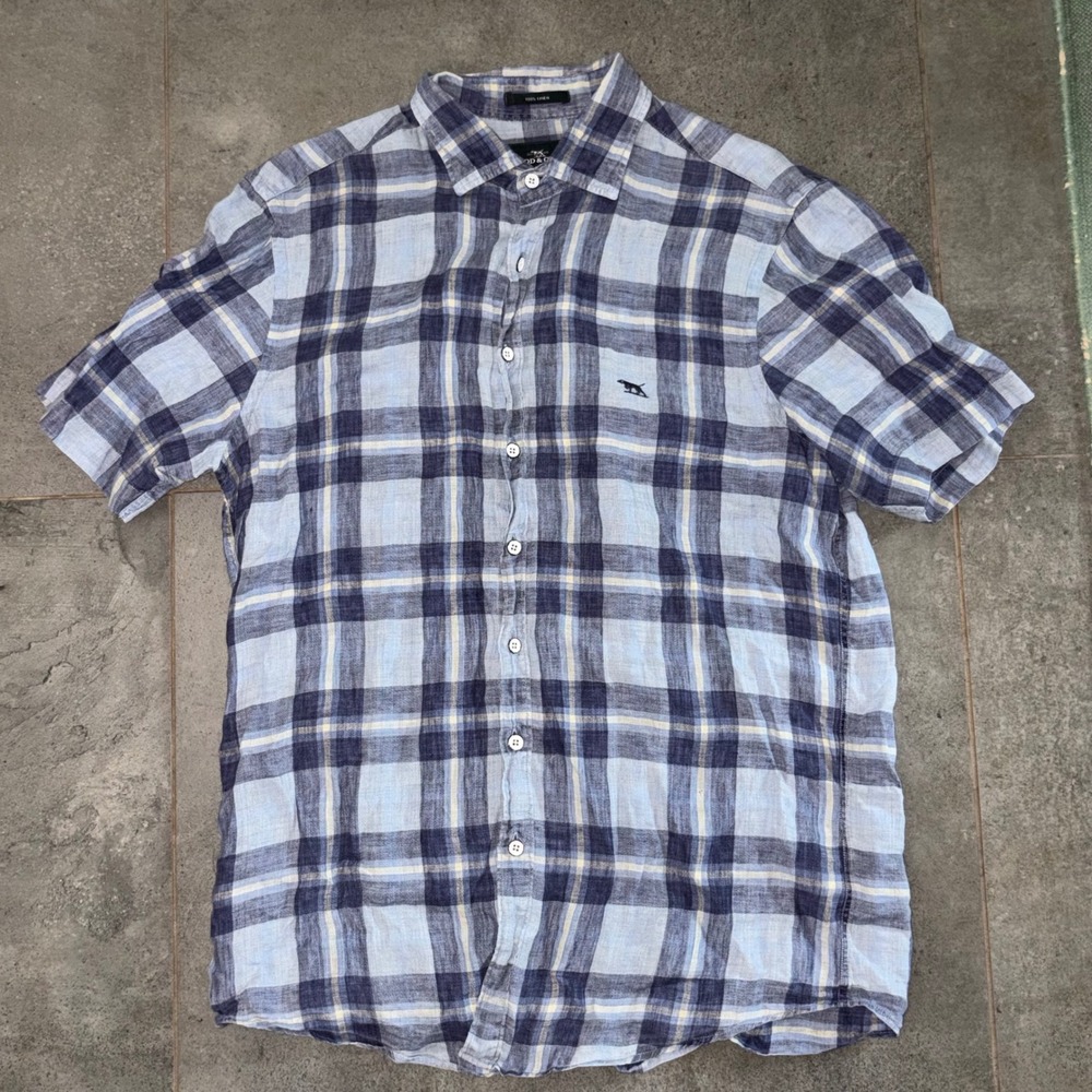 Rodd & Gunn Button‎ Down Mens Small Blue Excellent 100% Linen Plaid Short Sleeve